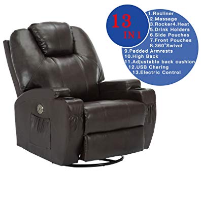 SUNCOO Massage Recliner Bonded Leather Chair Ergonomic Lounge Heated Sofa with Cup Holder 360 Degree Swivel (Power Recliner-Brown-13 IN 1)